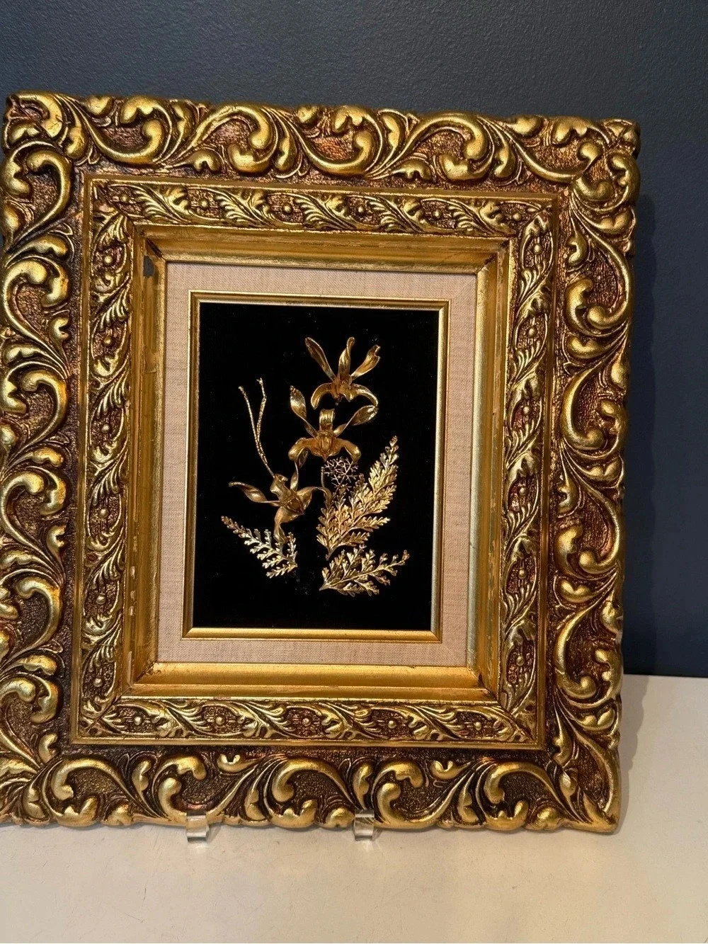 Vintage Saburo 24k Gold Plated Ornate Framed Orchids and Ferns - Marked 1947
